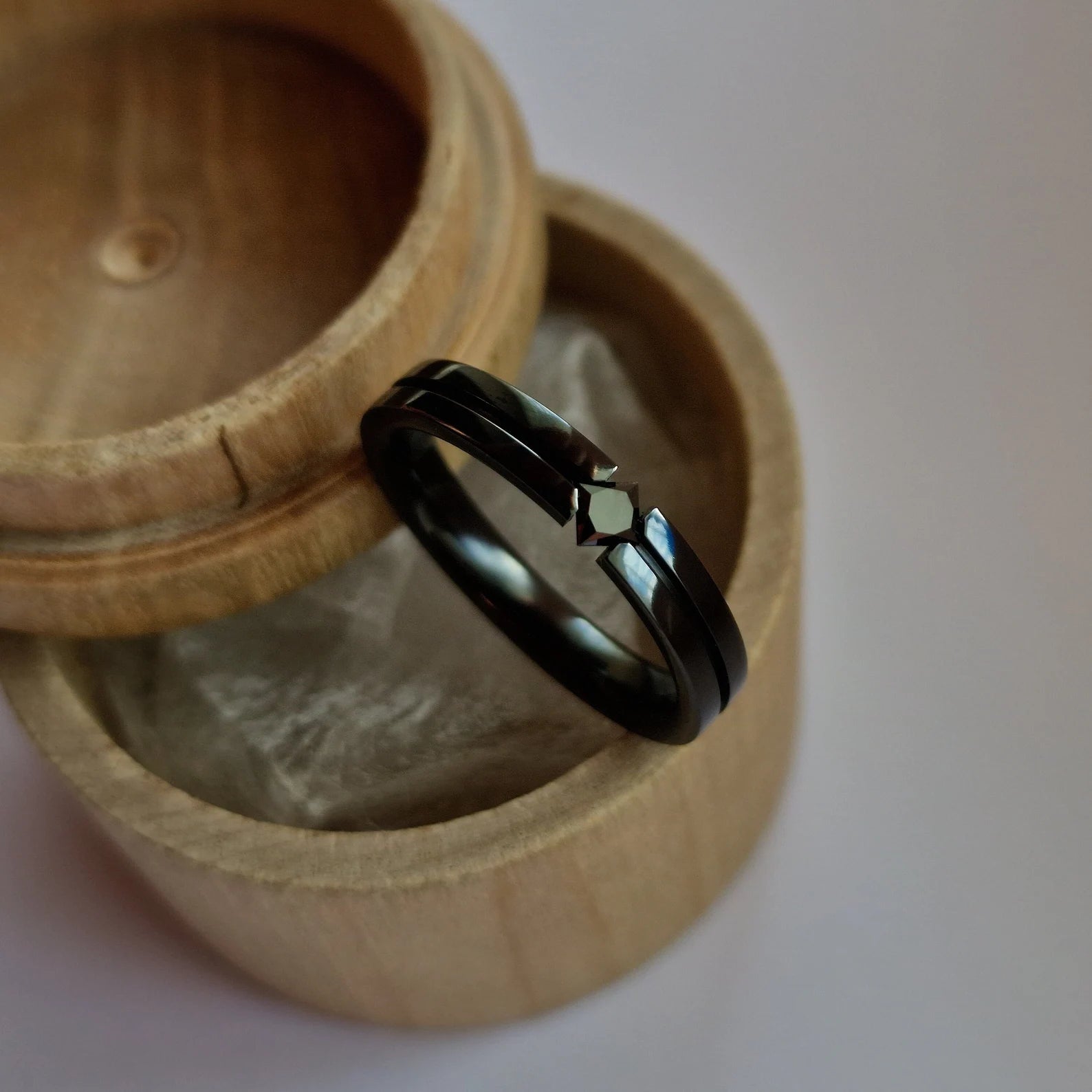 Handmade Polished Black Zirconium Tension Ring with Princess Cut