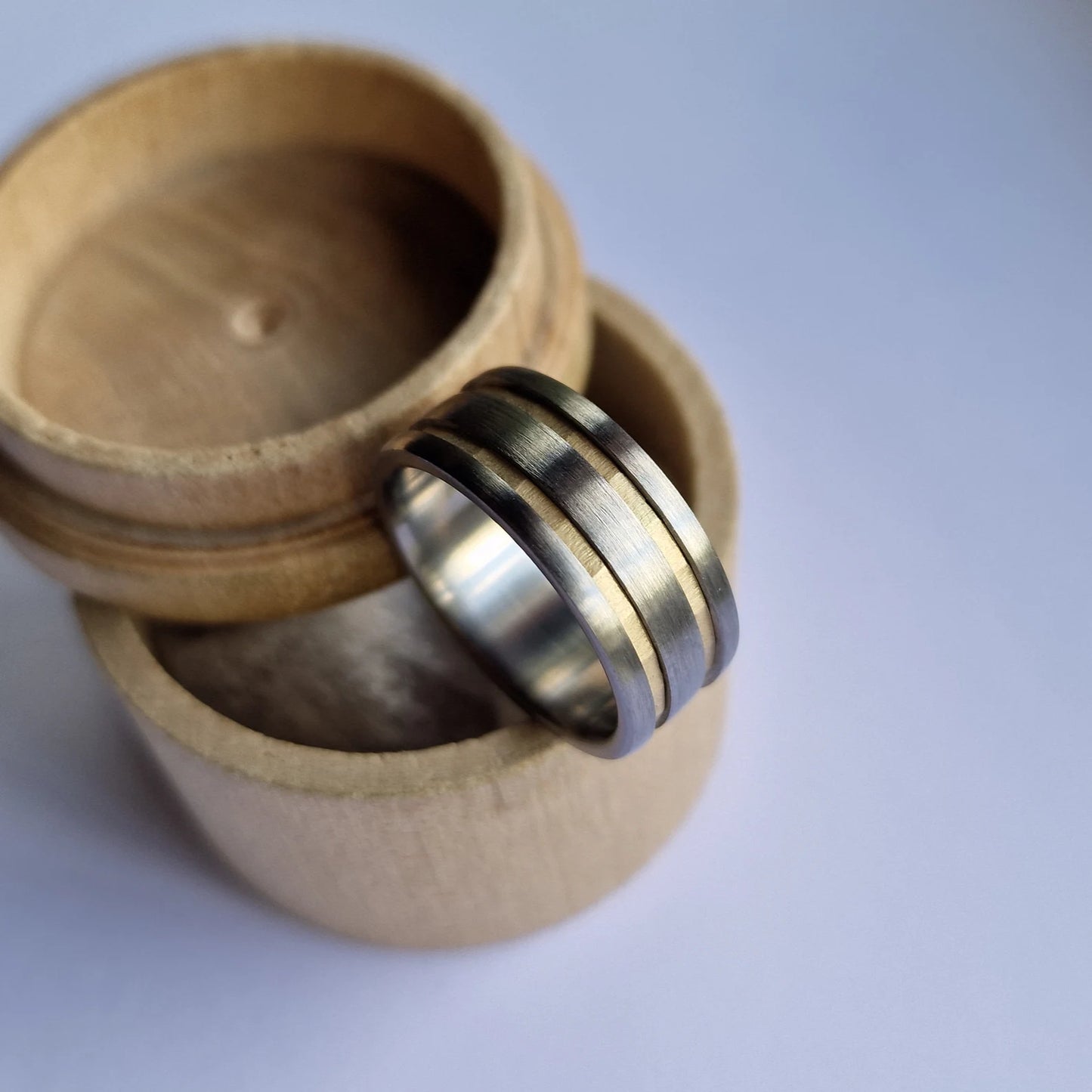 Handmade Brushed Titanium Ring with Faceted Solid Gold Channels.