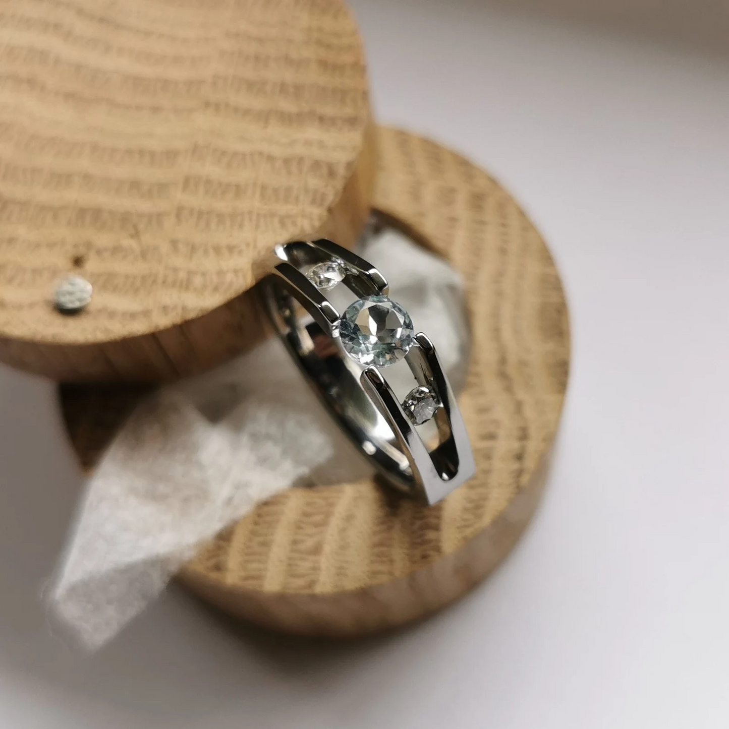 Unique Handmade Polished Titanium Tension Ring with Round Diamond Cut Stone Setting.