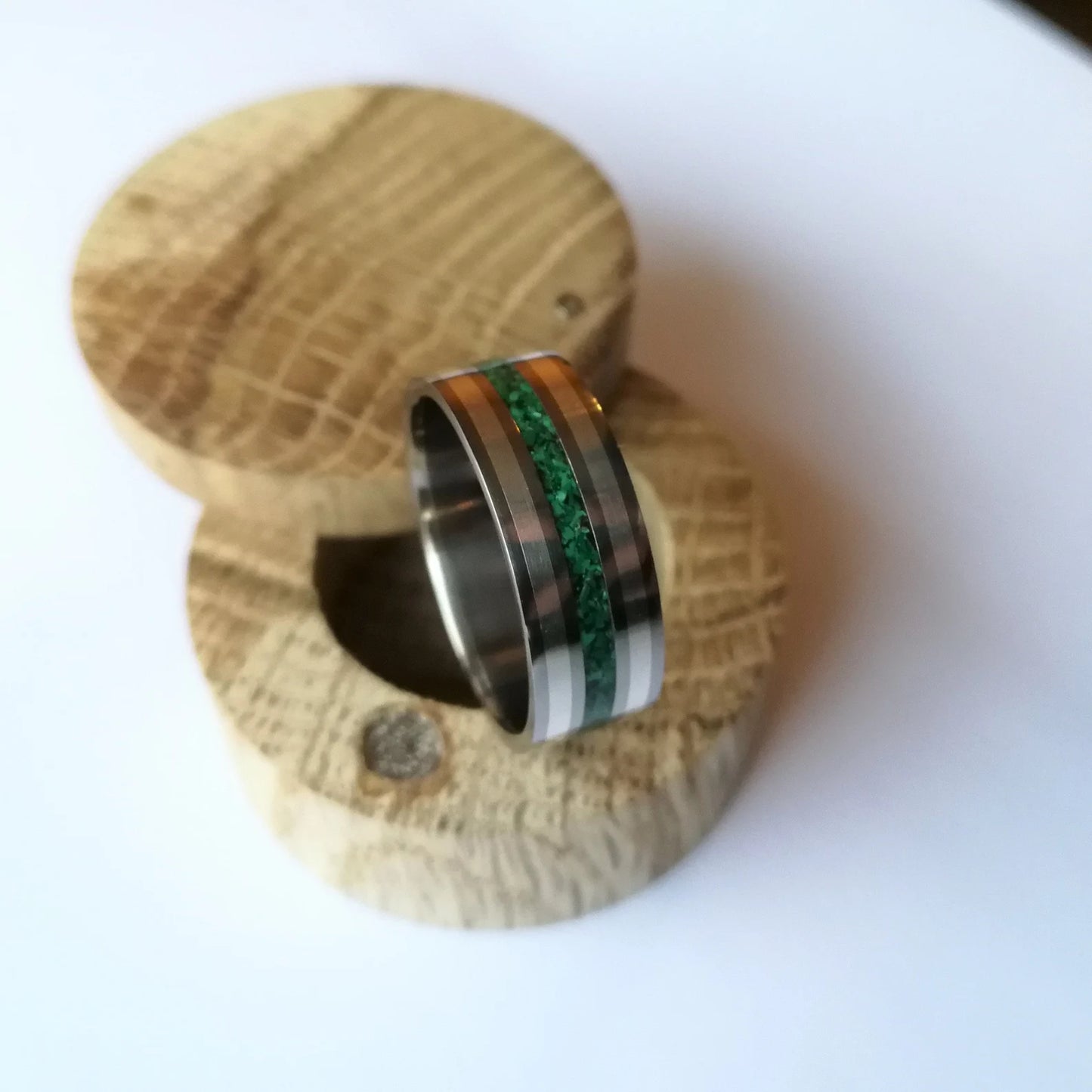 Unique Handmade Titanium Ring with Selected Outer Inlays and Center Malachite Inlay.