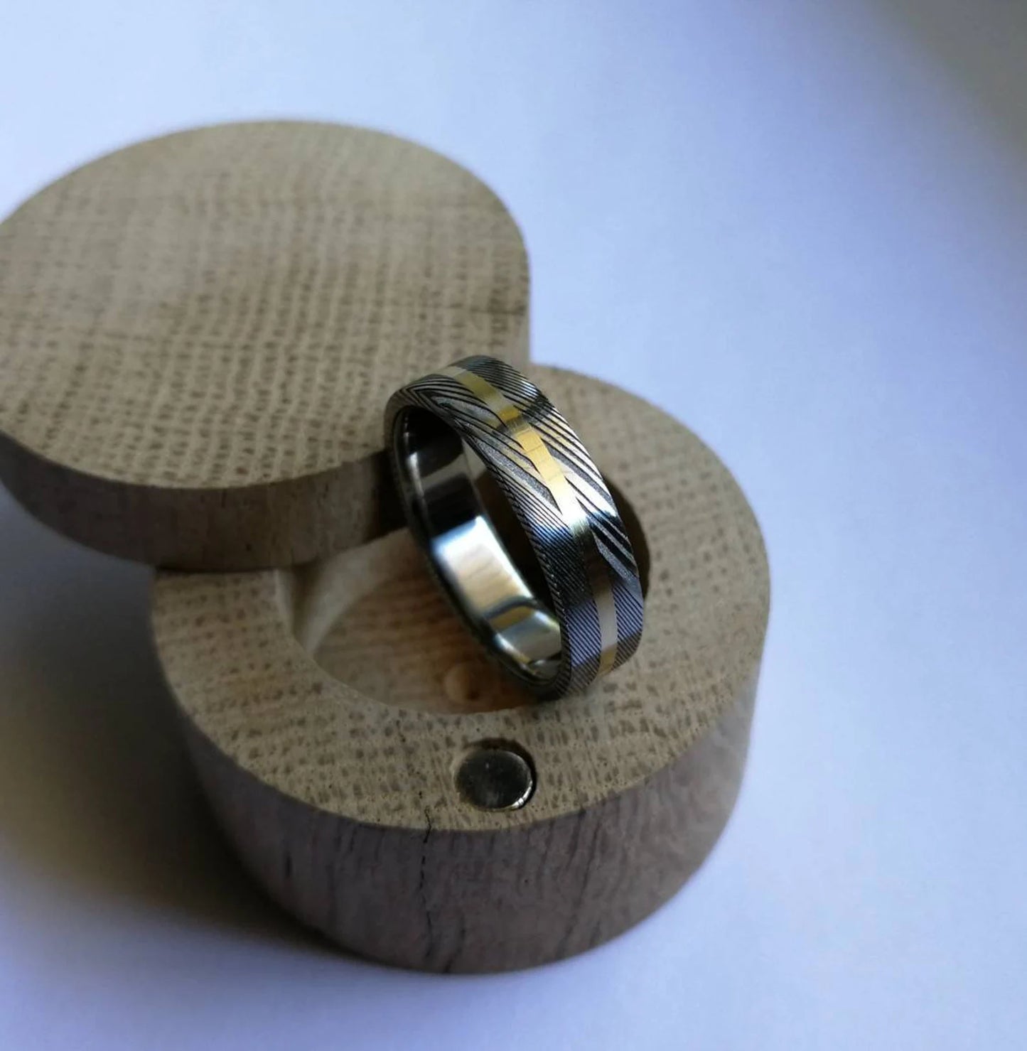 Unique Titanium and Stainless Damascus Steel Ring with Solid Gold Channel.