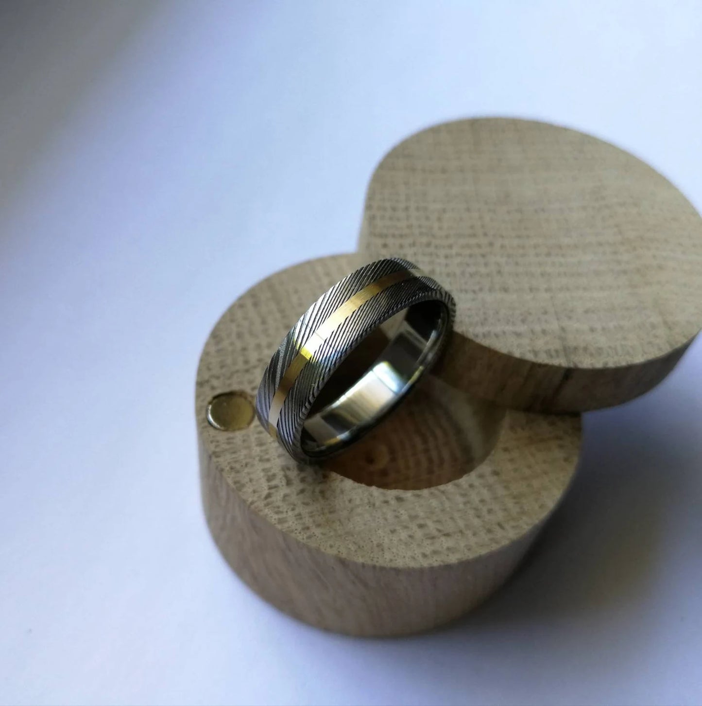 Unique Titanium and Stainless Damascus Steel Ring with Solid Gold Channel.