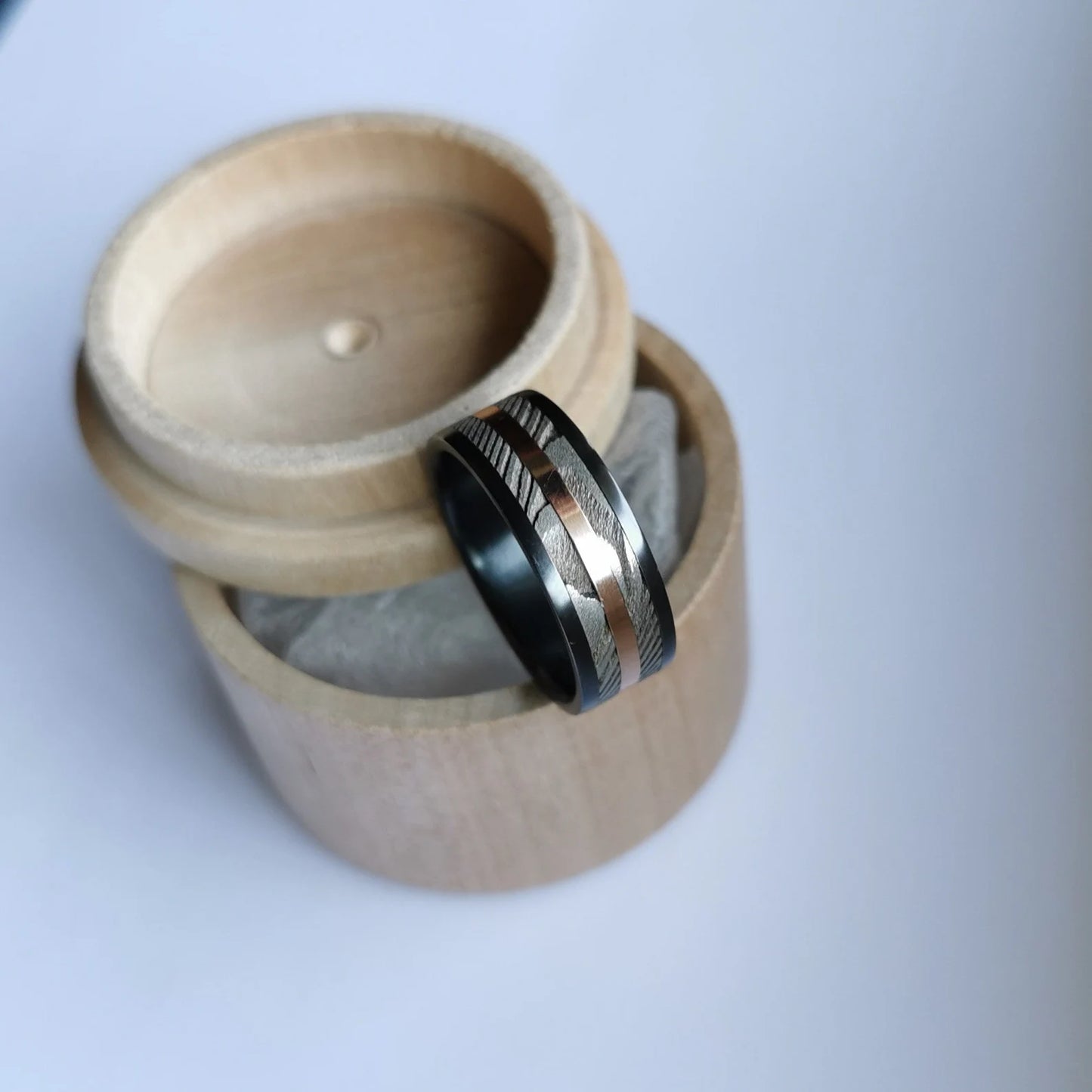 Handmade Black Zirconium and Deep Etch Stainless Damascus Steel Ring with Solid Gold Channel.