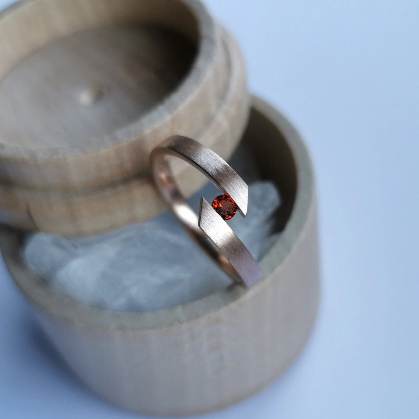 Unique Handmade Brushed Solid Gold Tension Ring with Diamond Cut Stone Setting.