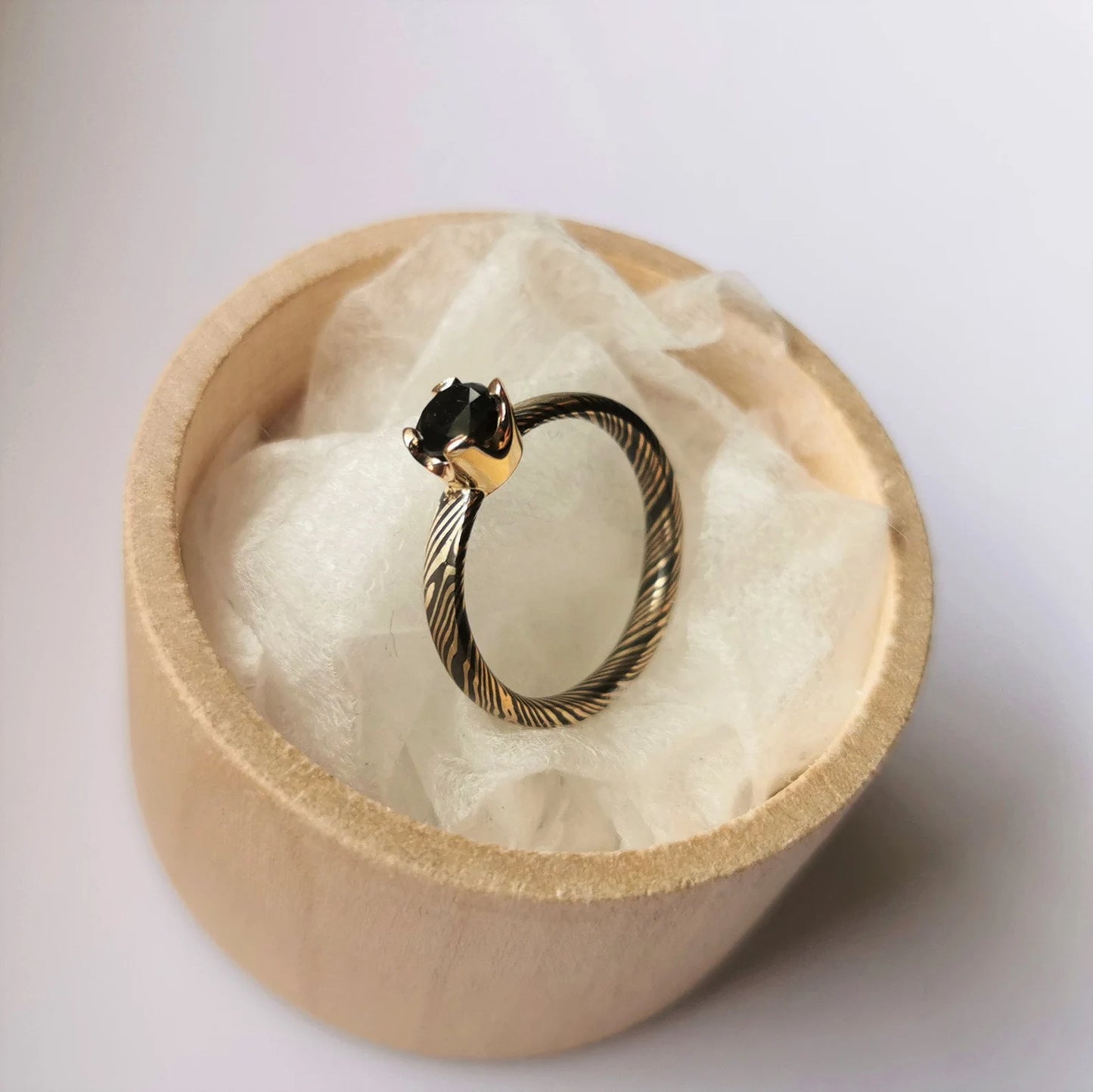 Unique 14k Gold Mokume-Gane Engagement Ring.