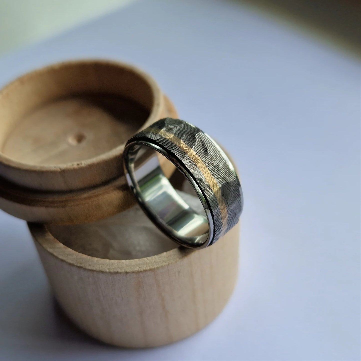 Unique Handmade Stainless Damascus Steel, 18ct Gold and Titanium Spinner Ring.