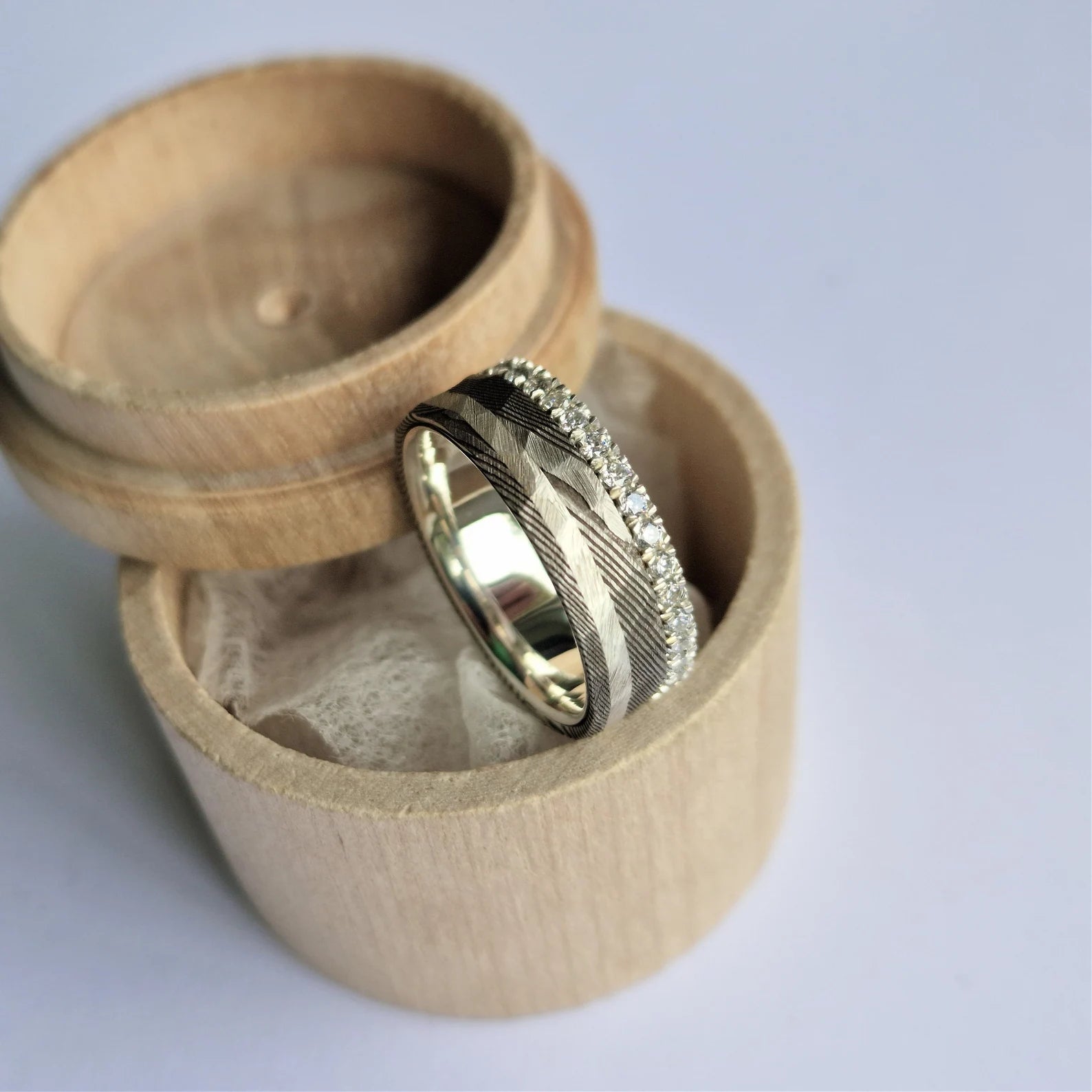 Unique Stainless Damascus Steel and Sterling Silver Band with