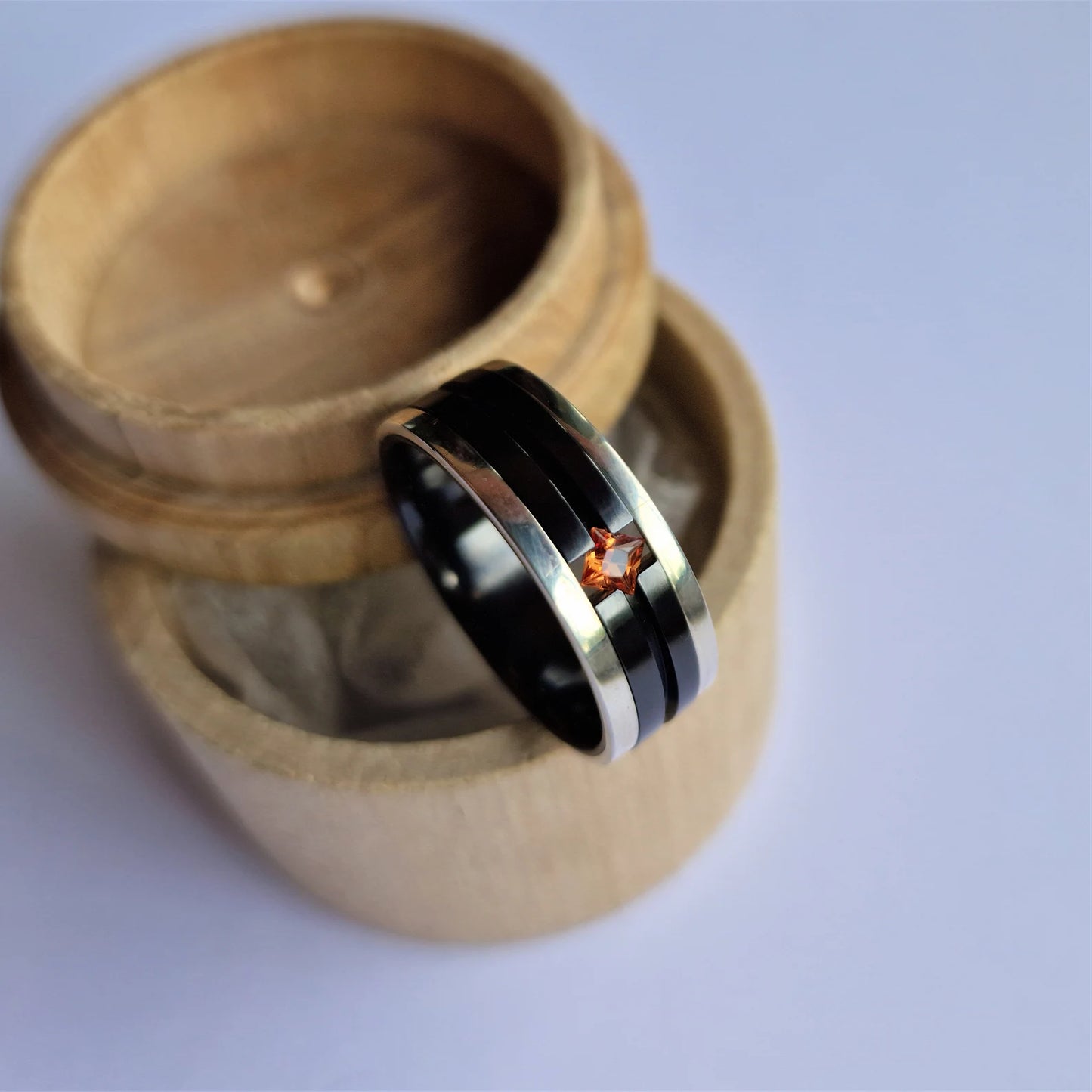 Unique Handmade Black Zirconium and Sterling Silver / Gold Wedding Band with Princess Cut Gemstone Setting. Men's Wedding Ring.