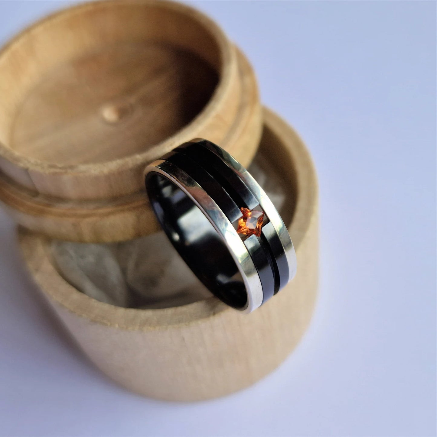 Unique Handmade Black Zirconium and Sterling Silver / Gold Wedding Band with Princess Cut Gemstone Setting. Men's Wedding Ring.