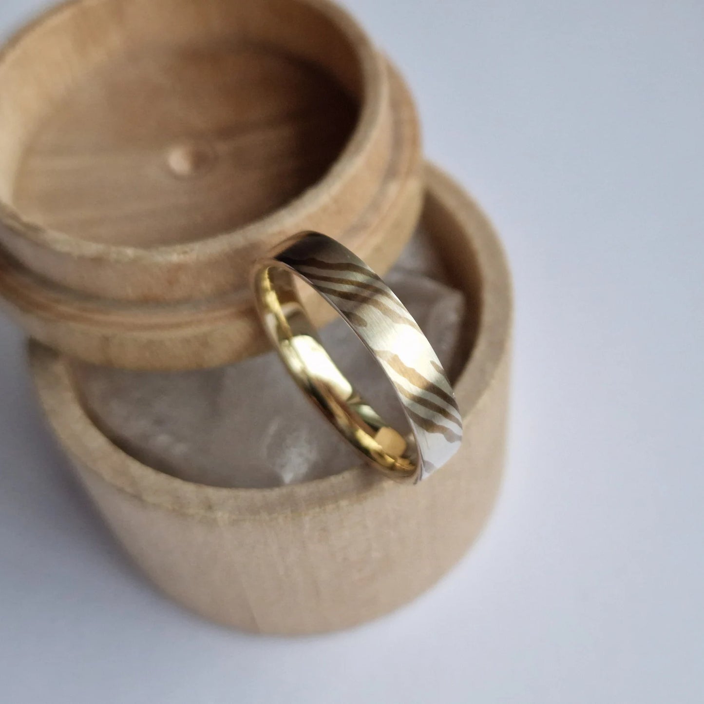 Unique Handmade Brushed Shibuichi Mokume-Gane Ring with Gold Lining. (silver-shibuichi mokume)
