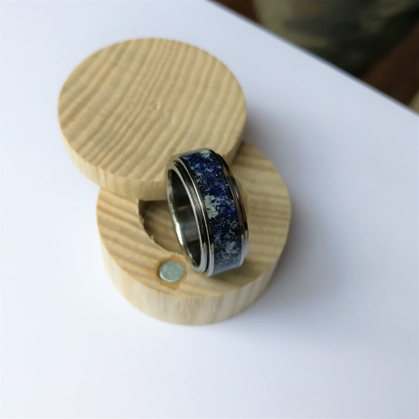 Unique Handmade Titanium Spinner Ring "Galaxy Cluster". Lapis Lazuli, Cairo Night Stone and Black Agate Inlay with glow in the dark powder.