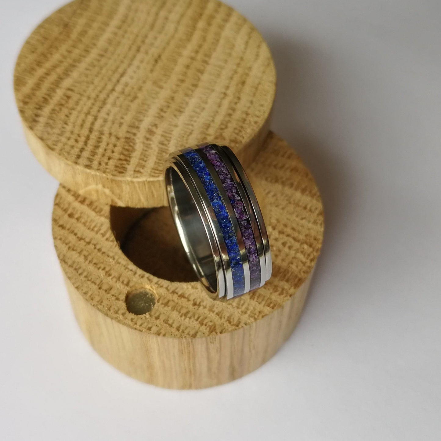 Unique Handmade Titanium Spinner Ring "Inner Space". Lapis Lazuli and Purple Jade, Amethyst mixed with Variscite Inlay.