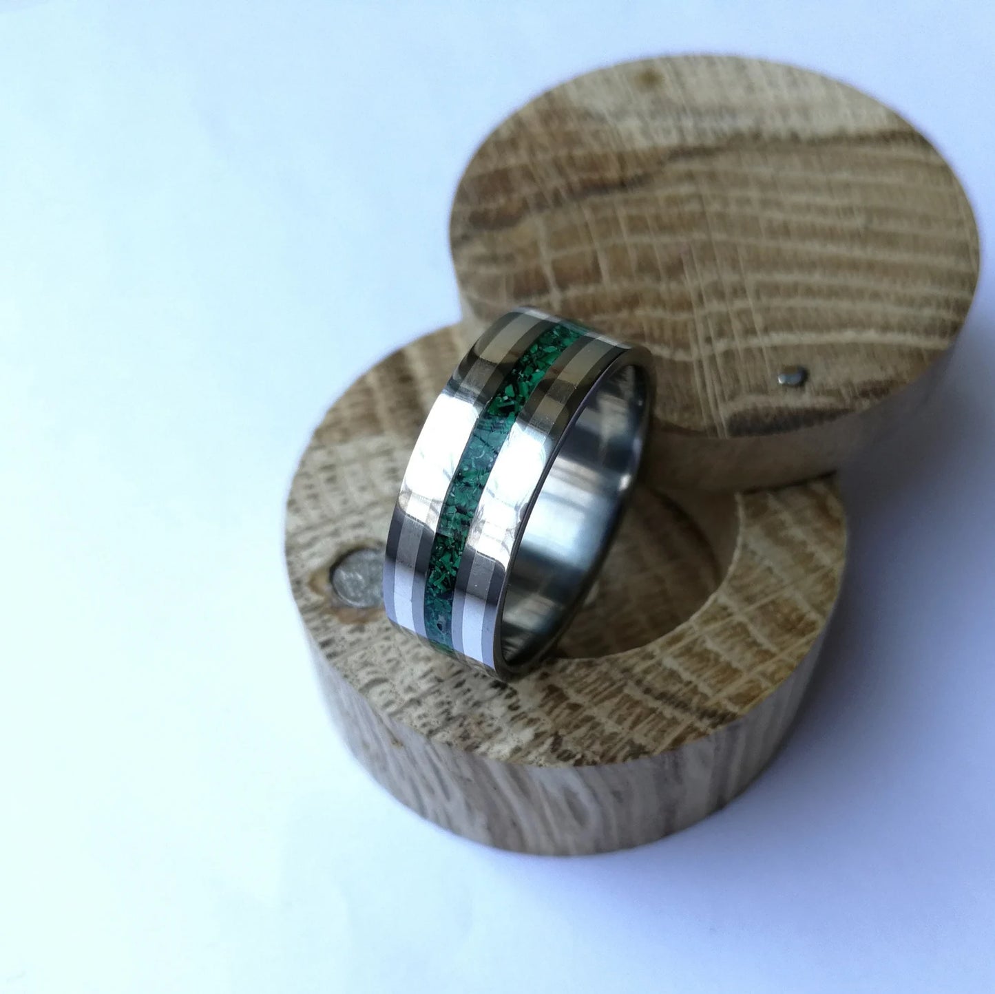 Unique Handmade Titanium Ring with Selected Outer Inlays and Center Malachite Inlay.