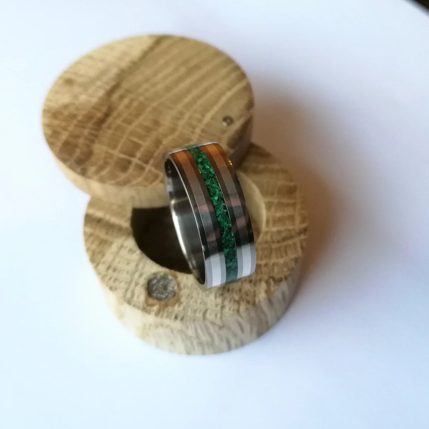 Unique Handmade Titanium Ring with Selected Outer Inlays and Center Malachite Inlay.