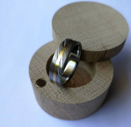 Unique Titanium and Stainless Damascus Steel Ring with Solid Gold Channel.