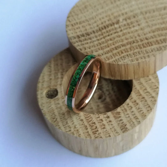 Handmade Women's Solid Gold Band with Malachite, Green Variscite and Aventurine Inlay.