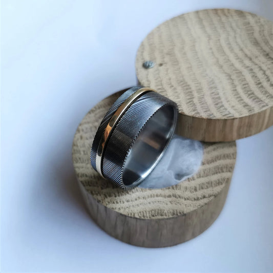 Unique Handmade Stainless Damascus Steel, Solid Gold and Titanium Spinner Ring.