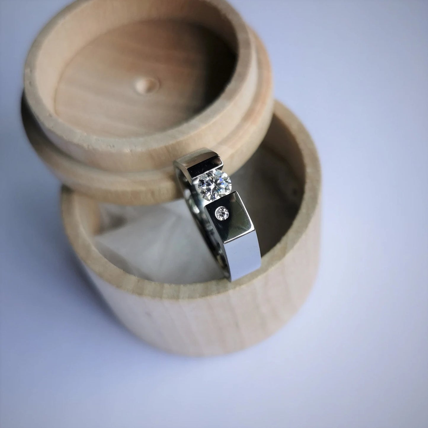 Unique Handmade Polished Titanium Tension Ring with Moissanite Round Diamond Cut Stone Setting.