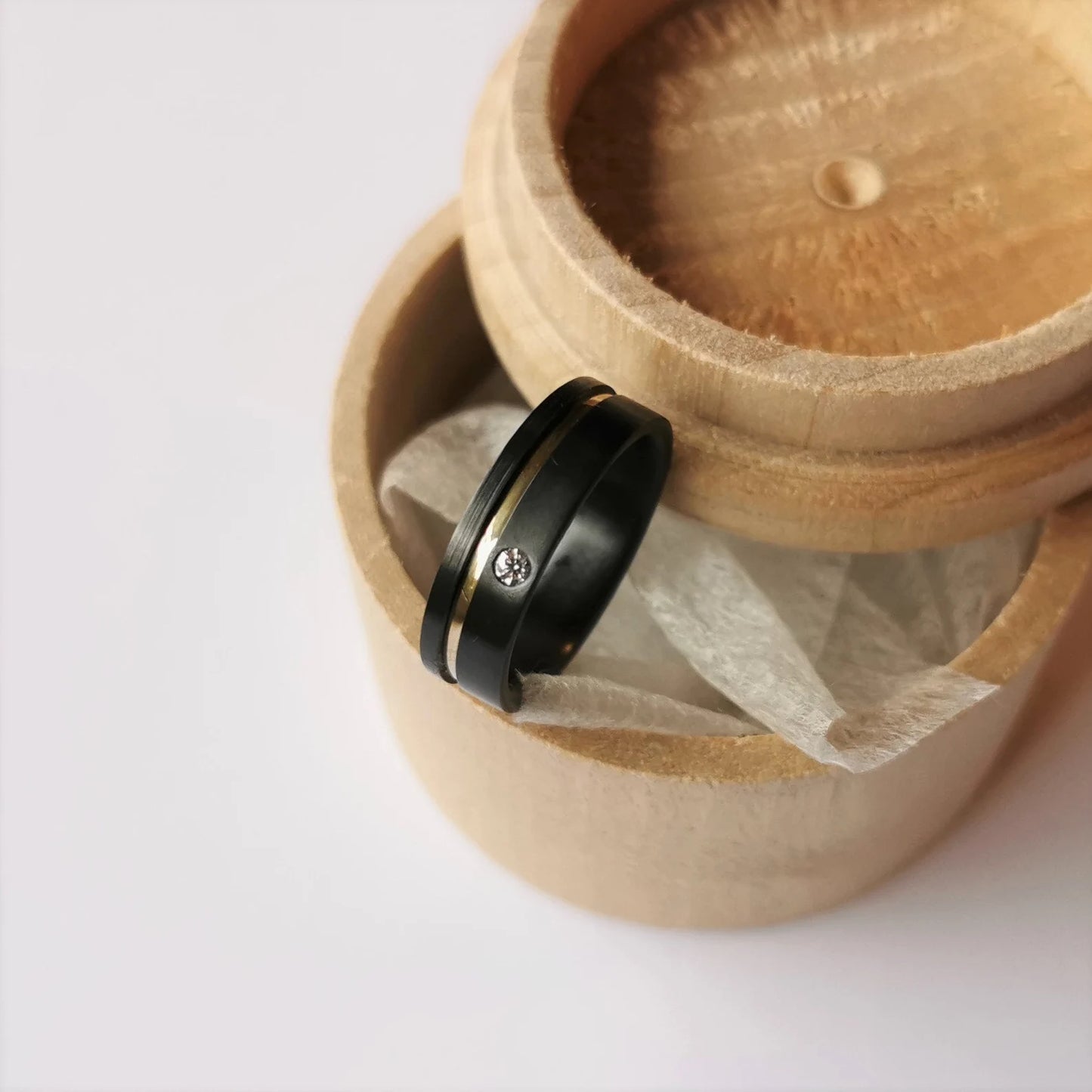 Black Zirconium and Solid 14K Gold Band with Flush Set Stone. Two Tone Finish.