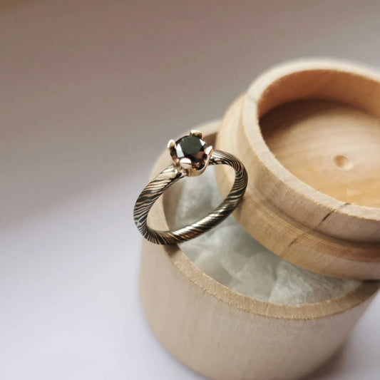 Unique 14k Gold Mokume-Gane Engagement Ring.