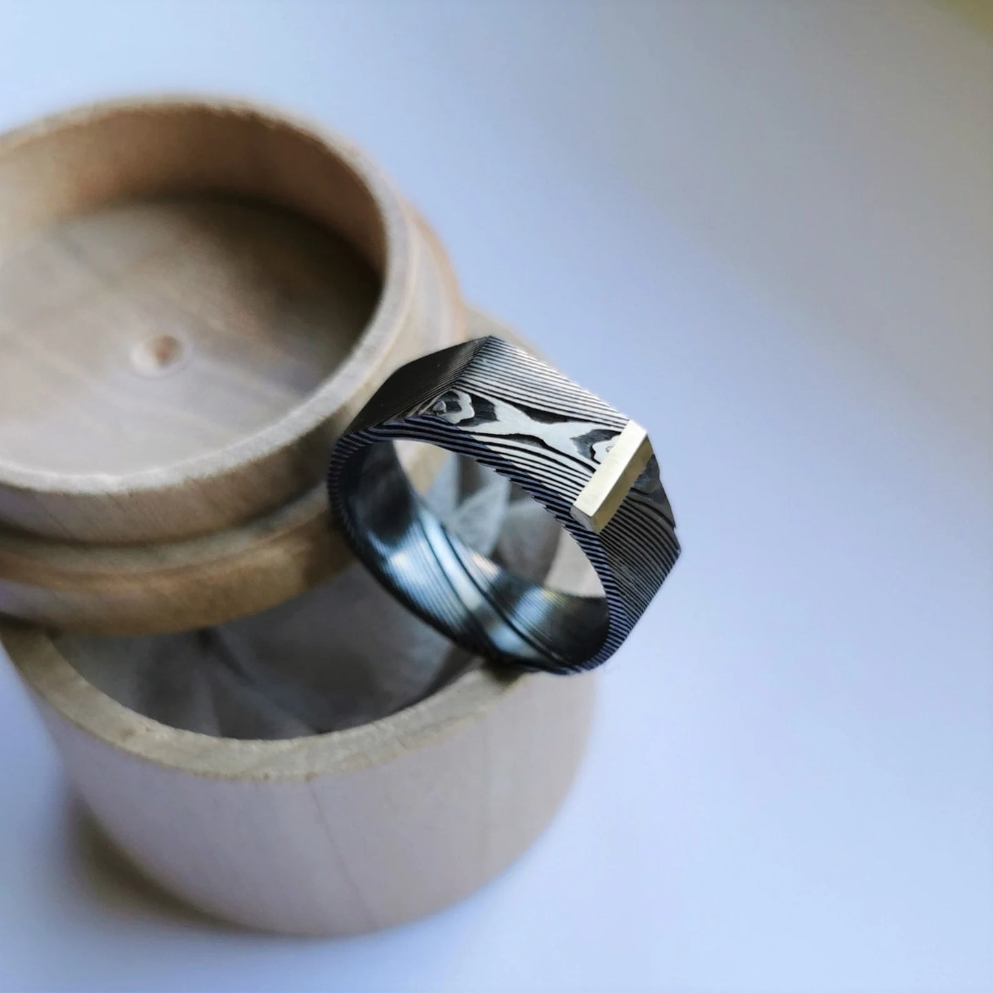 Stainless Damascus Steel Signet Style Ring with Sterling Silver or Gold Accent.