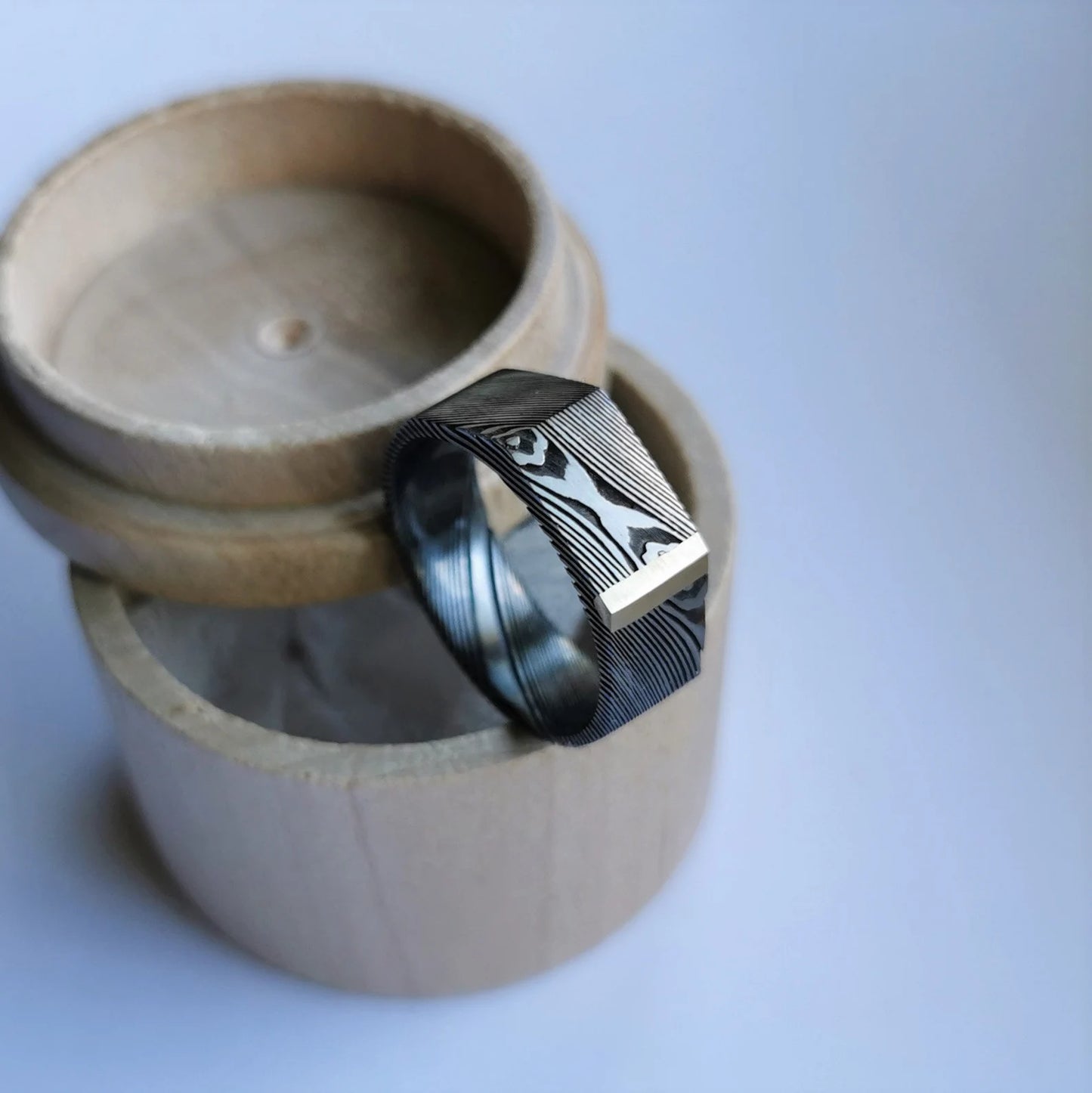 Stainless Damascus Steel Signet Style Ring with Sterling Silver or Gold Accent.