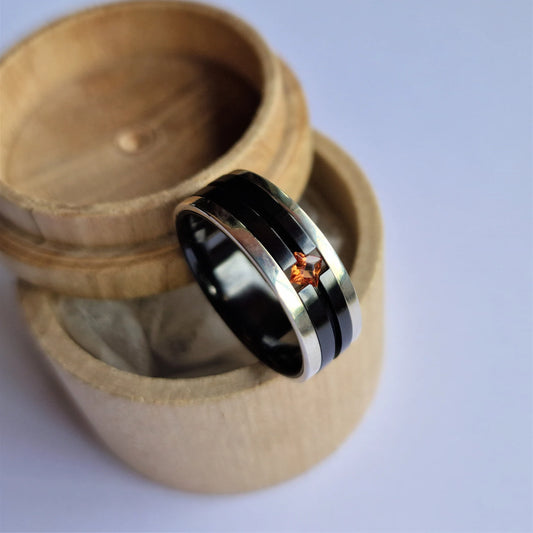 Unique Handmade Black Zirconium and Sterling Silver / Gold Wedding Band with Princess Cut Gemstone Setting. Men's Wedding Ring.