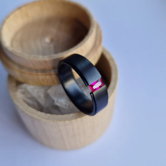 Unique Handmade Black Zirconium Tension Band with Baguette Cut Stone Setting.