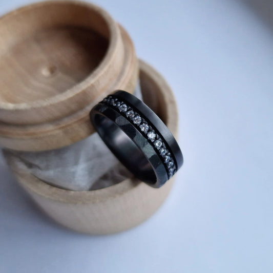 Moissanite Set Black Zirconium Band. Men's Wedding Ring with Faceted Edge.