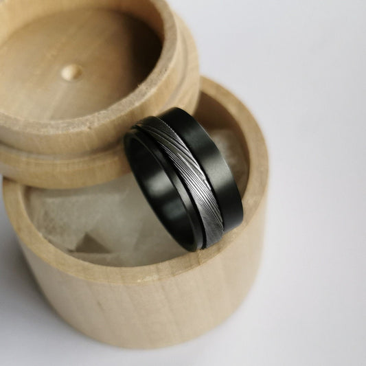 Unique Handmade Black Zirconium and Stainless Damascus Steel Spinner Ring.