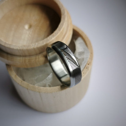 Unique Handmade Beveled Stainless Damascus Steel and Titanium Ring.