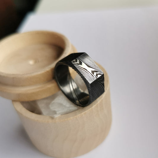 Stainless Damascus Steel Signet Style Ring.